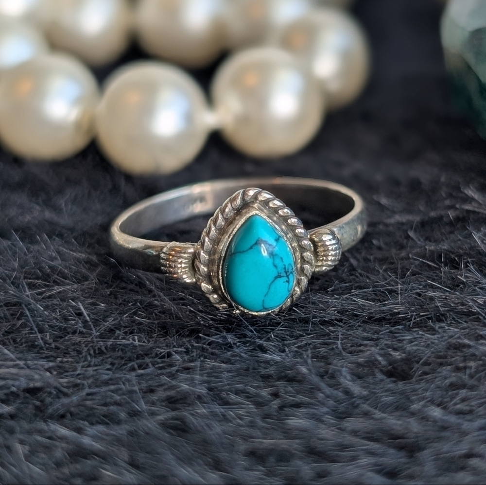 Sterling Turquoise Colored Gemstone Ring 7 - Everyday 925 Silver